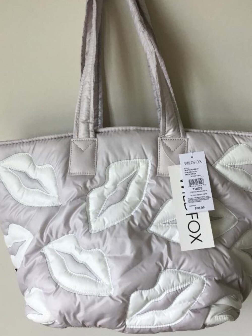 Wildfox White and Silver Quilted Tote w/White Lip Appliqués Zip Closure NWT $98